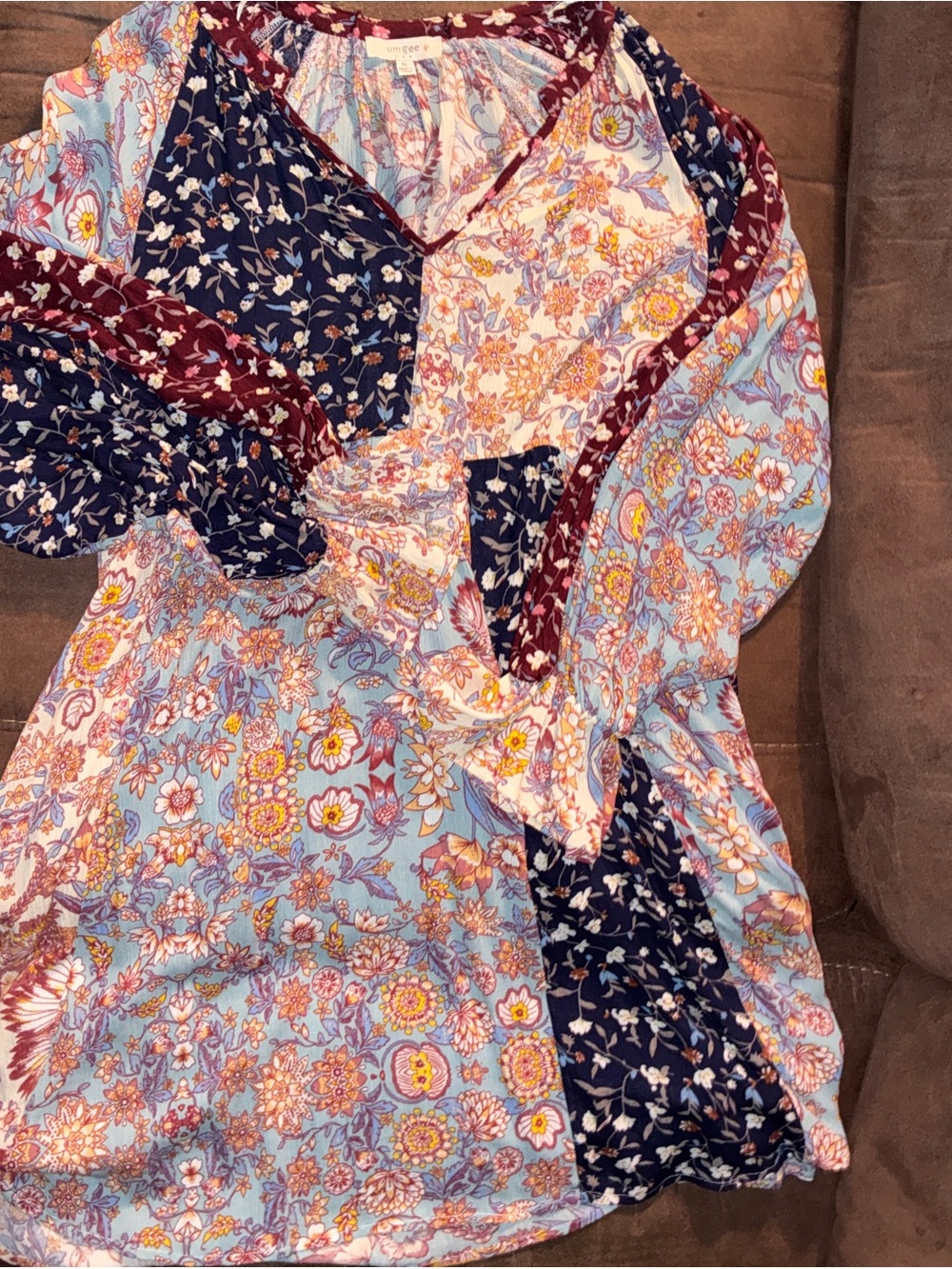Umgee Patchwork Floral Peasant Blouse in Light Blue, Navy & Burgundy